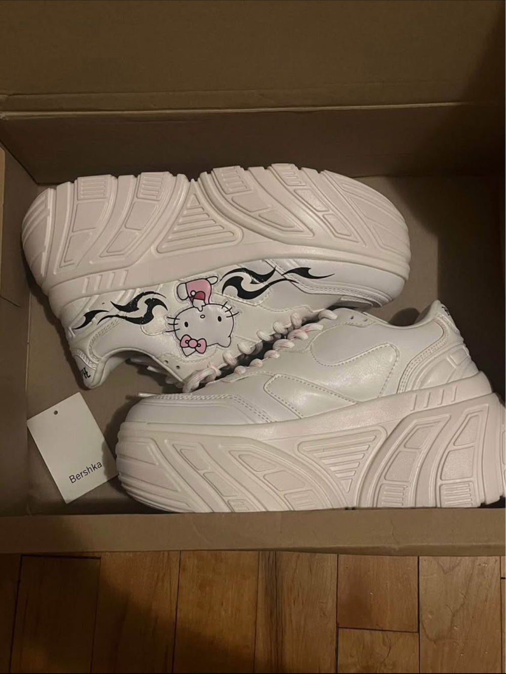 Bershka White Platform Sneakers with Black Flame and Pink Hello Kitty Detail